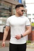 Erkek Bisiklet Yaka çizgi Desenli Ribanalı Kısa Kollu Tshirt resmi
